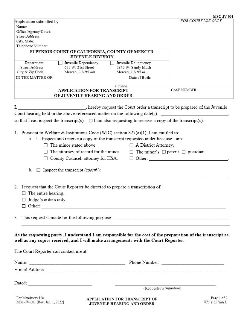 Application For Transcript Of Juvenile Hearing And Order {MSC-JV-001} | Pdf Fpdf Docx | California