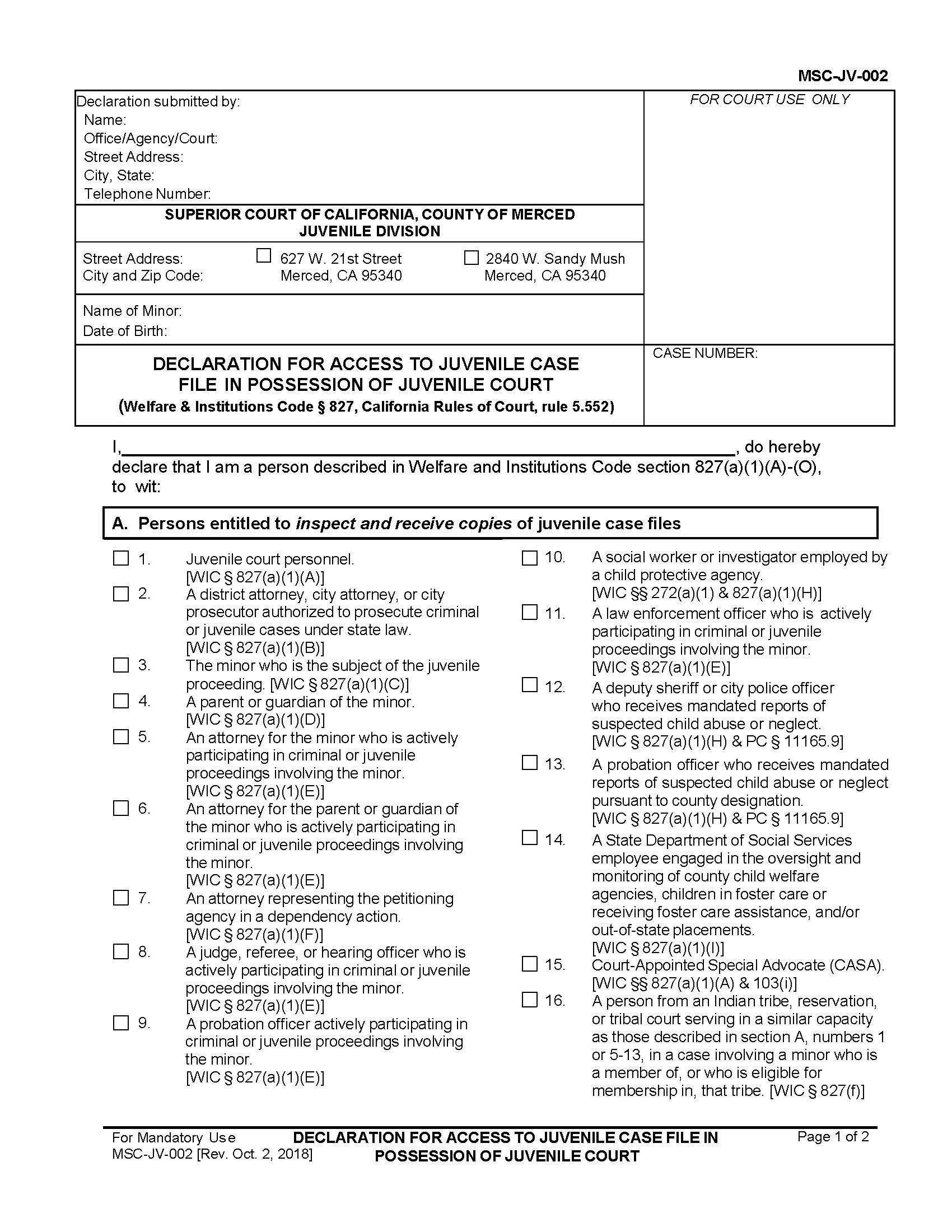 Declaration For Access to Juvenile Case File {MSC-JV-002} | Pdf Fpdf Docx | California