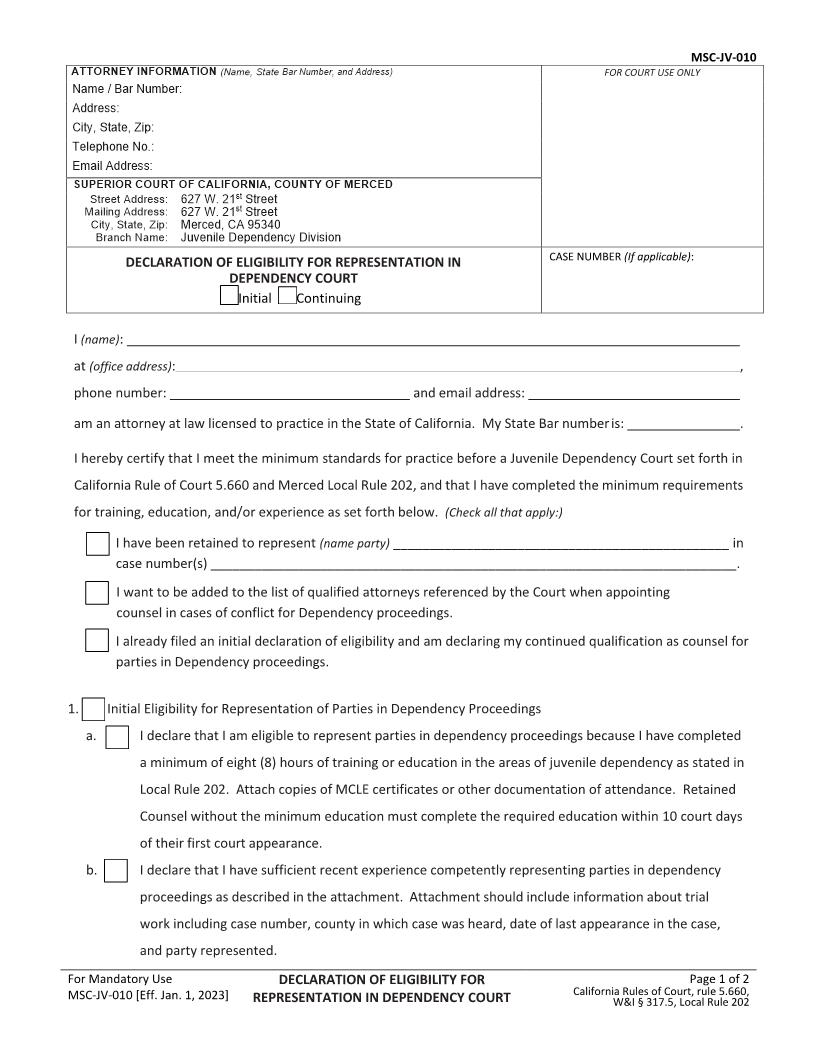 Declaration Of Eligibility For Representation In Dependency Court {MSC-JV-010} | Pdf Fpdf Docx | California
