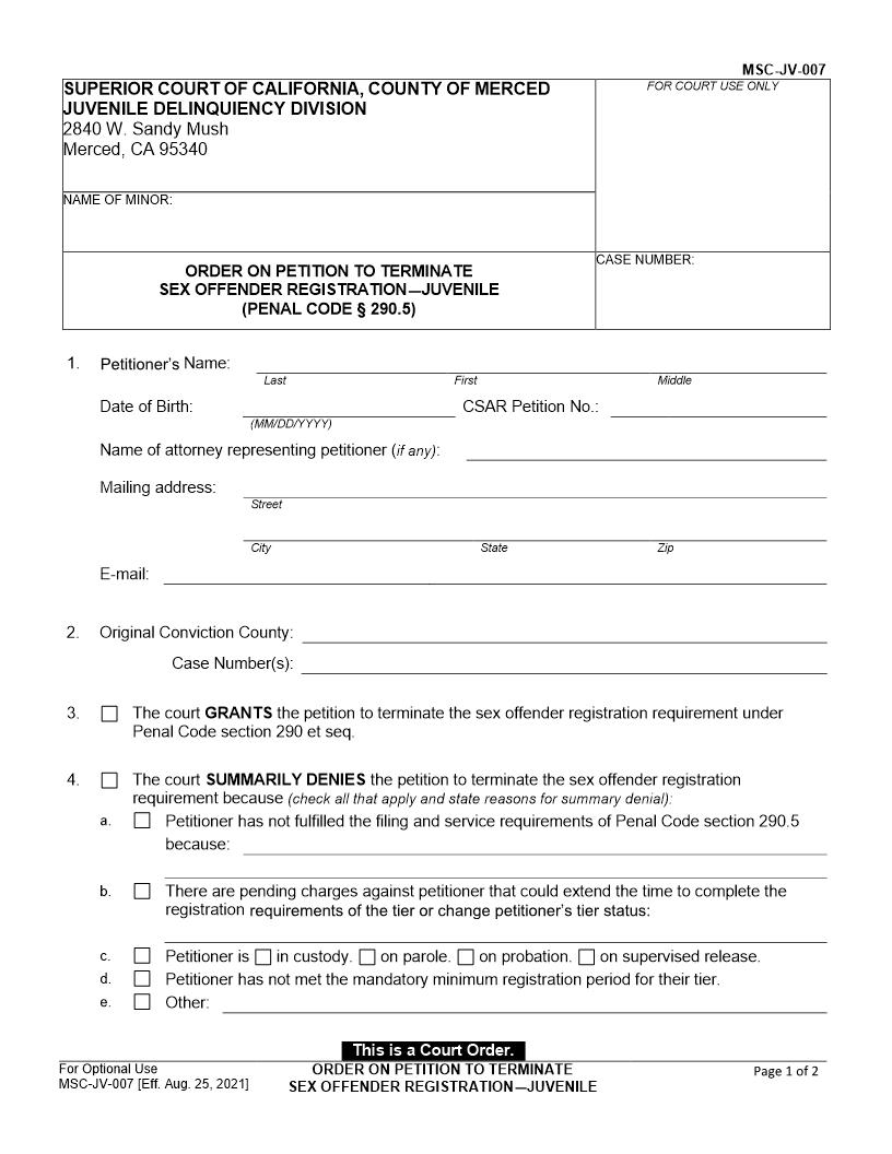 Order On Petition To Terminate Sex Offender Registration-Juvenile {MSC-JV-007} | Pdf Fpdf Docx | California