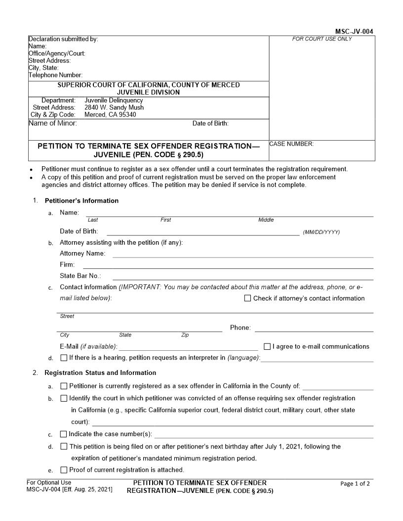 Petition To Terminate Sex Offender Registration-Juvenile {MSC-JV-004} | Pdf Fpdf Docx | California