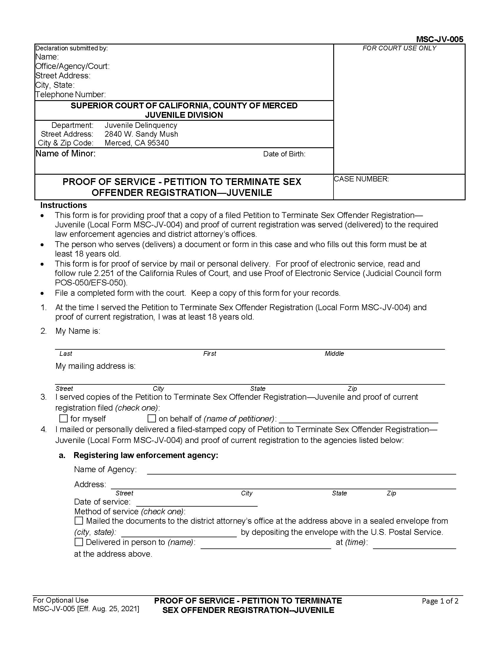 Proof Of Service-Petition To Terminate Sex Offender Registration-Juvenile {MSC-JV-005} | Pdf Fpdf Docx | California