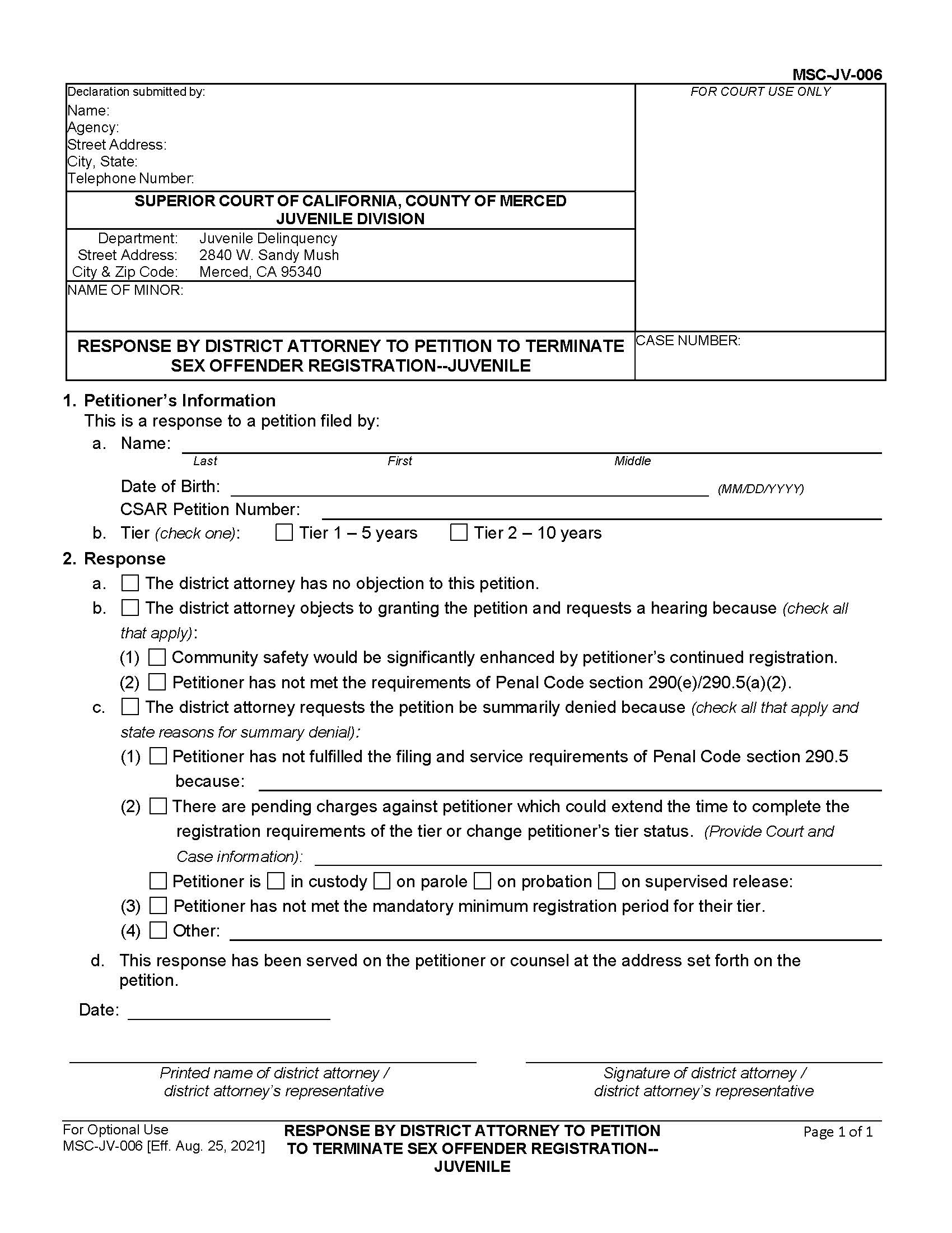 Response By District Attorney To Petition To Terminate Sex Offender Registration-Juvenile {MSC-JV-006} | Pdf Fpdf Docx | California