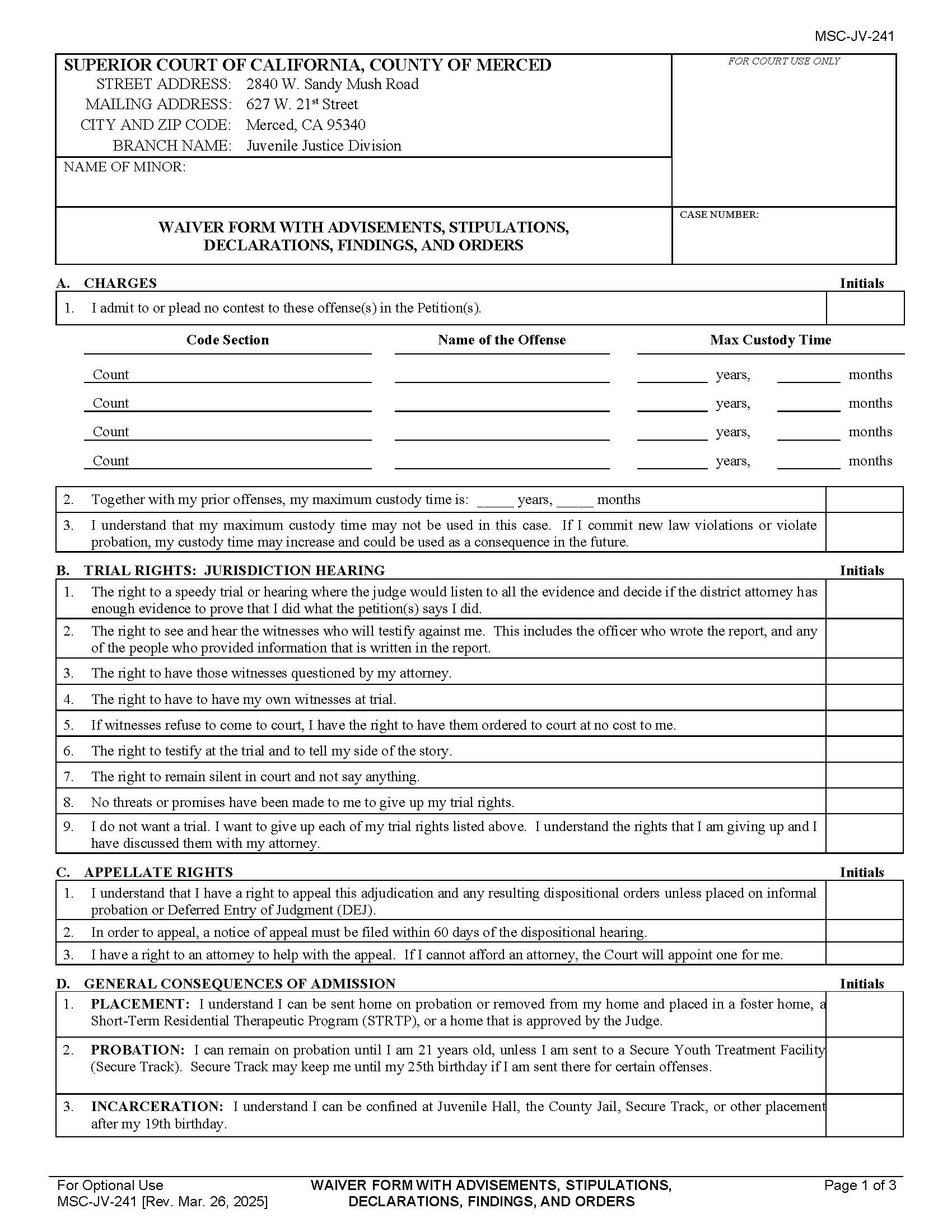 Waiver Form With Advisements Stipulations Declarations Findings And Orders {MSC-JV-241} | Pdf Fpdf Docx | California