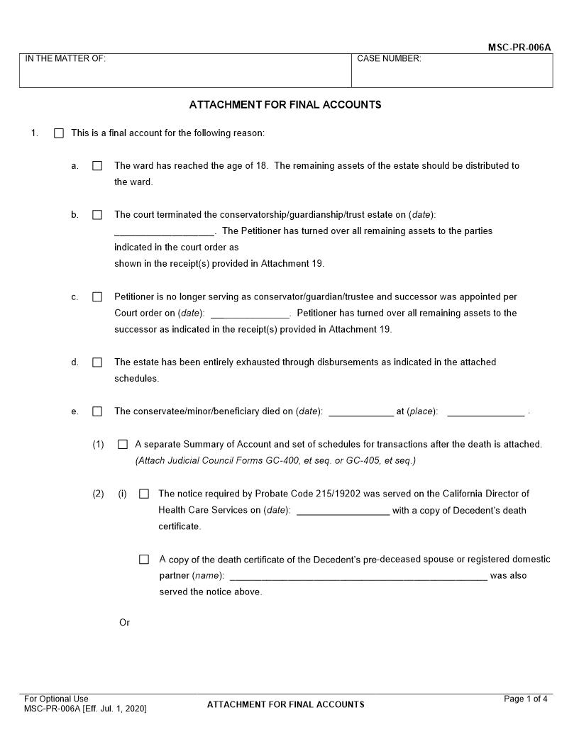 Attachment For Final Accounts {MSC-PR-006A} | Pdf Fpdf Docx | California