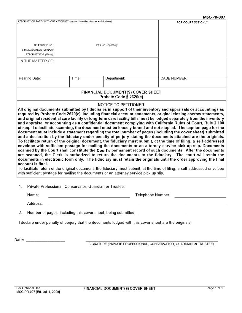 Financial Document(s) Cover Sheet {MSC-PR-007} | Pdf Fpdf Docx | California