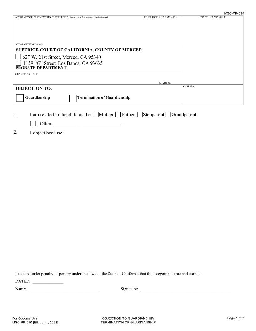Guardianship-Objection {MSC-PR-010} | Pdf Fpdf Docx | California
