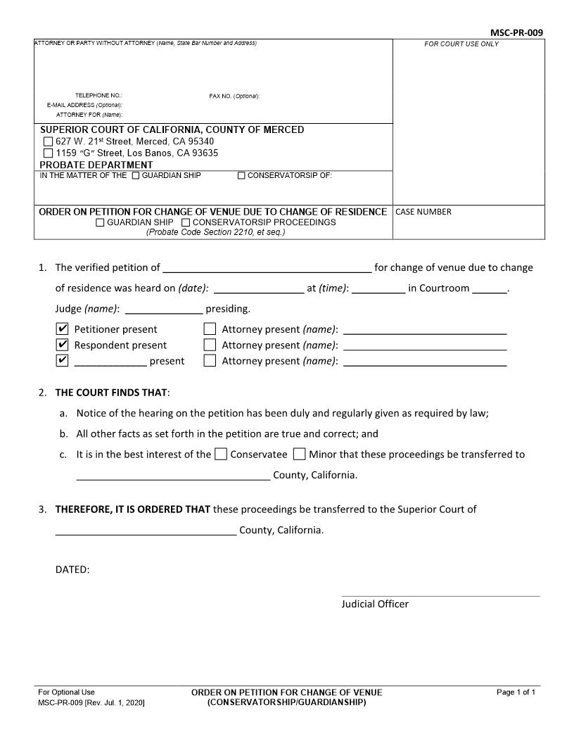 Order On Petition For Change of Venue {MSC-PR-009} | Pdf Fpdf Docx | California
