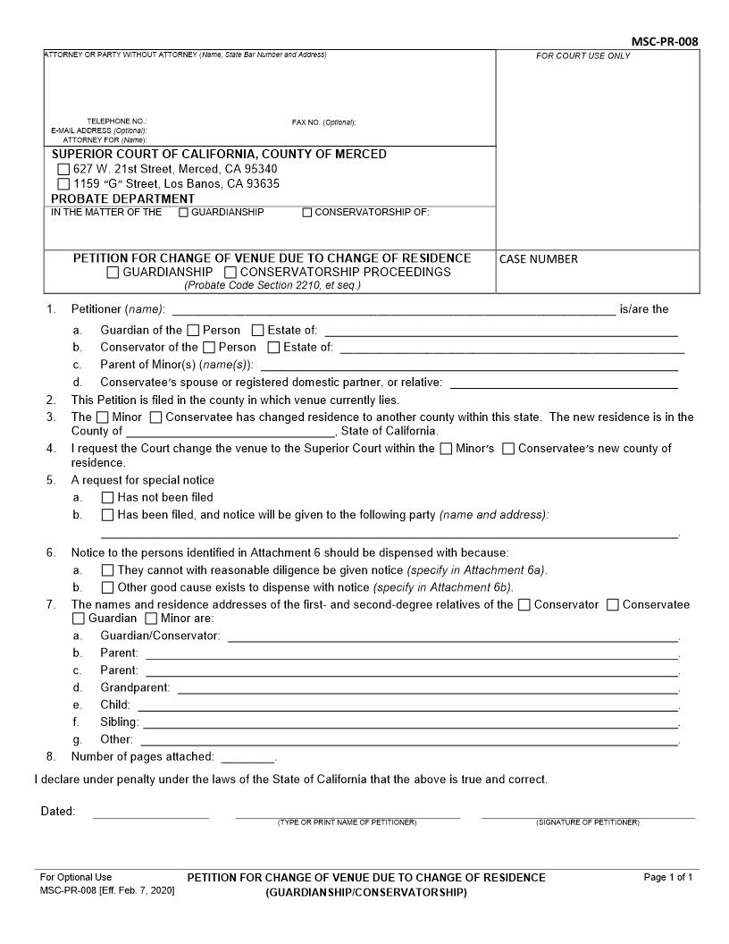 Petition For Change Of Venue Due To Change Of Residence {MSC-PR-008} | Pdf Fpdf Docx | California