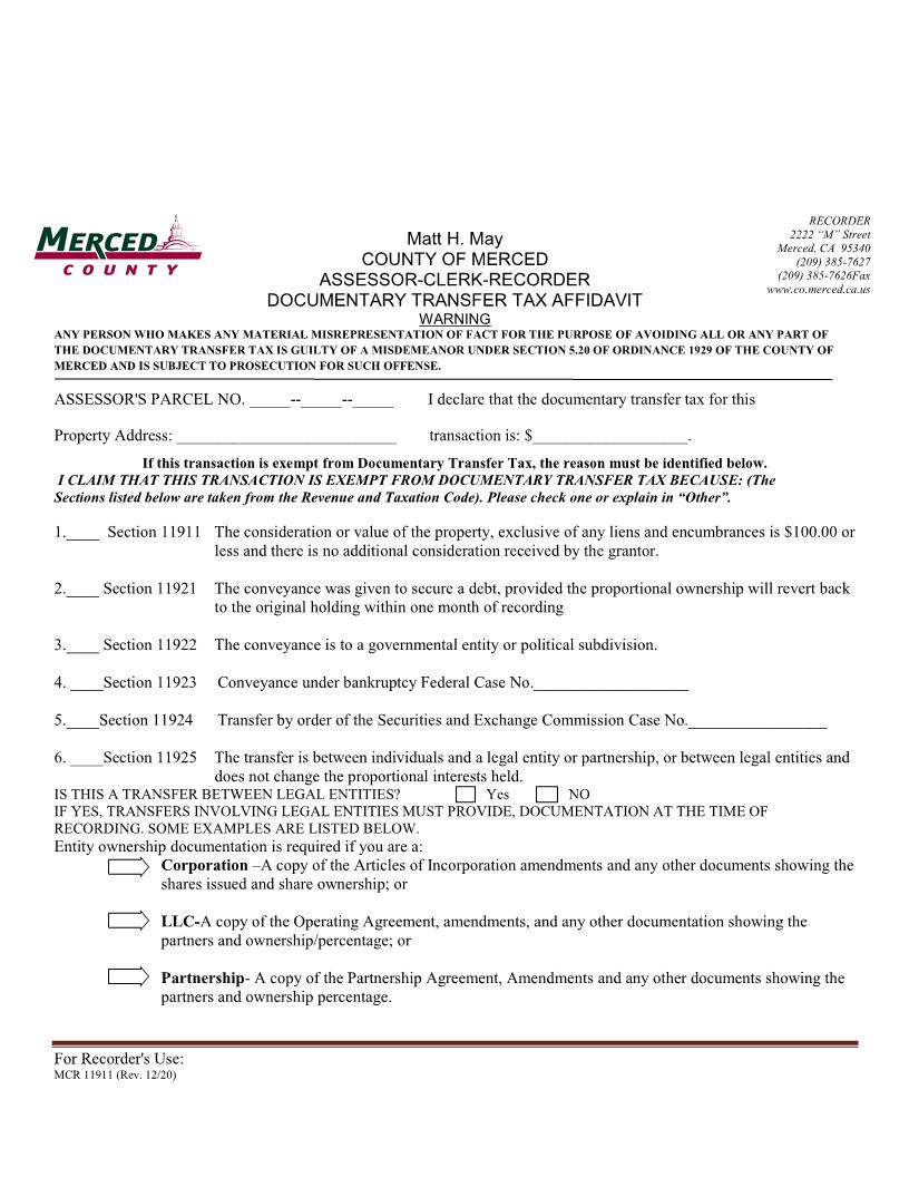 Transfer Tax Affidavit (Merced) {MCR 11911} | Pdf Fpdf Doc Docx | California
