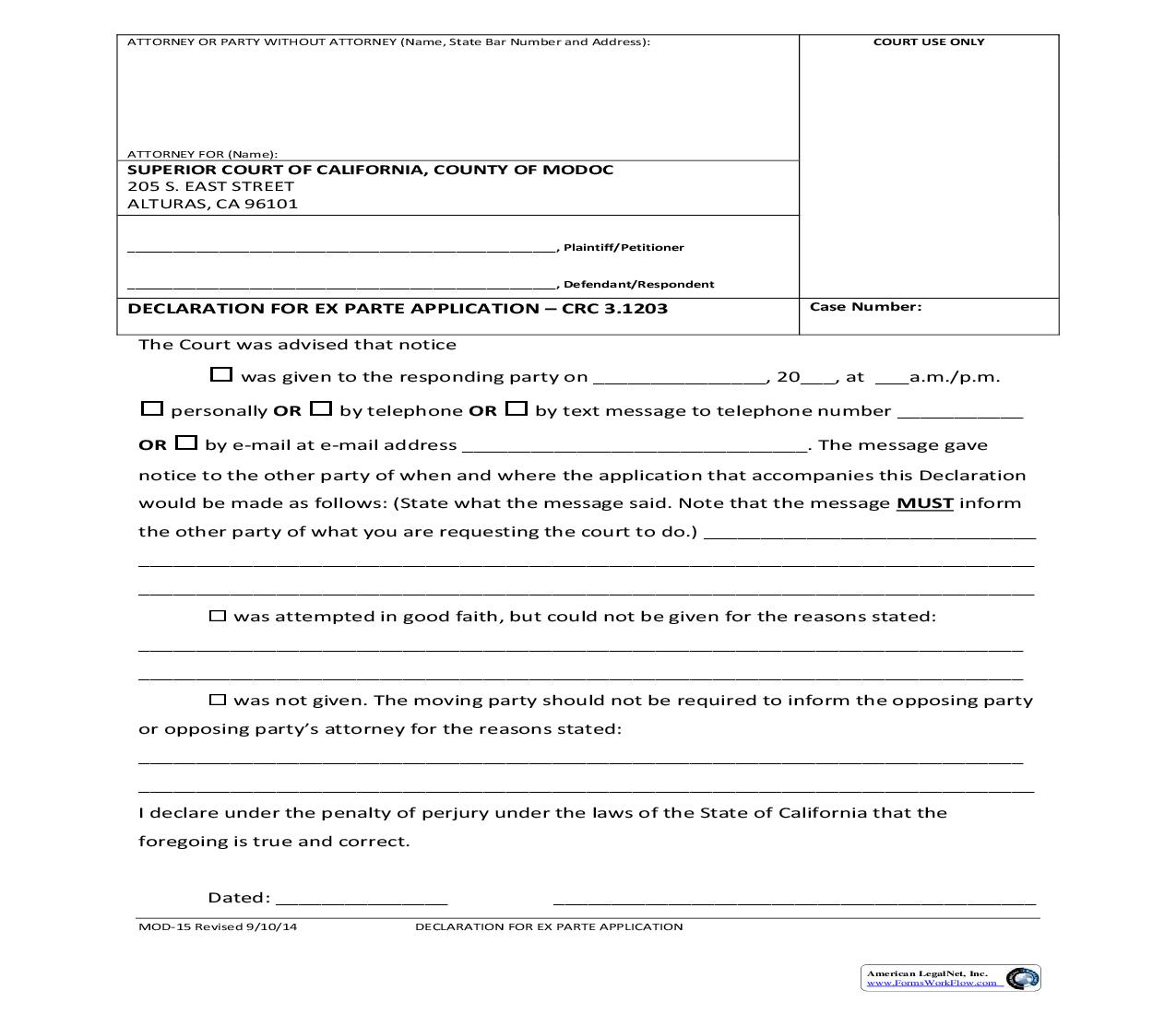 Declaration For Ex Parte Application {MOD-15} | Pdf Fpdf Doc Docx | California