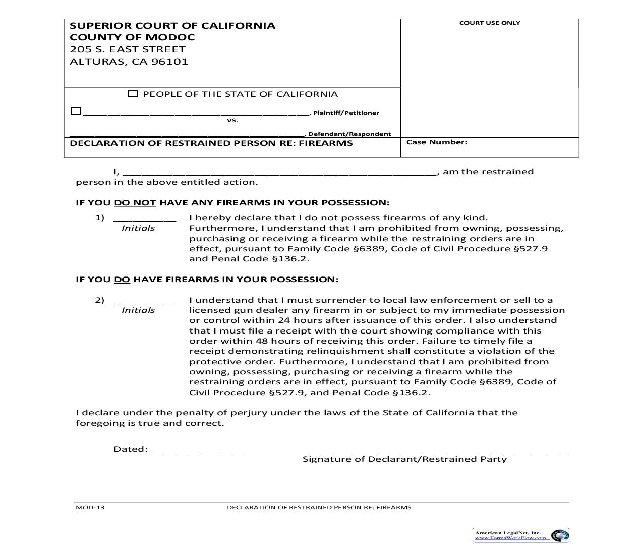 Declartion Of Restrained Person Re Firearms {MOD-13} | Pdf Fpdf Doc Docx | California