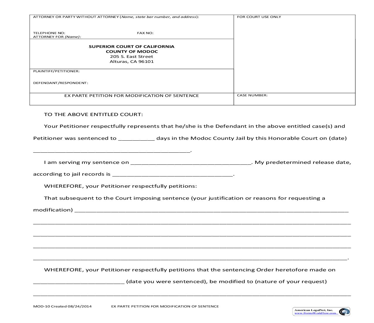 Ex Parte Petition For Modification Of Sentence {MOD-10} | Pdf Fpdf Doc Docx | California