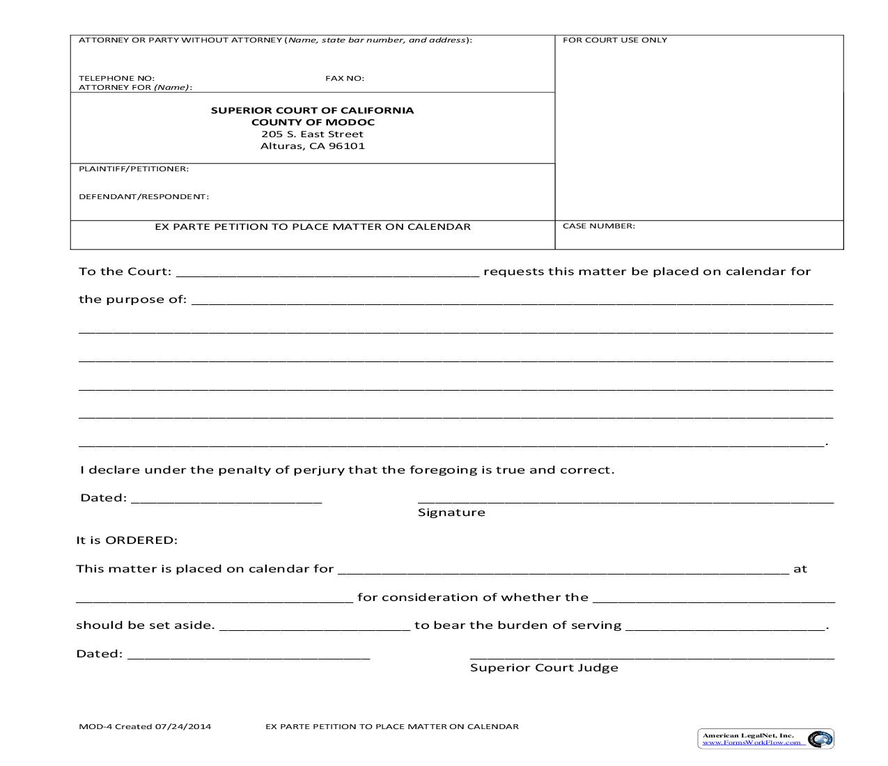 Ex Parte Petition To Place Matter On Calendar {MOD-4} | Pdf Fpdf Doc Docx | California