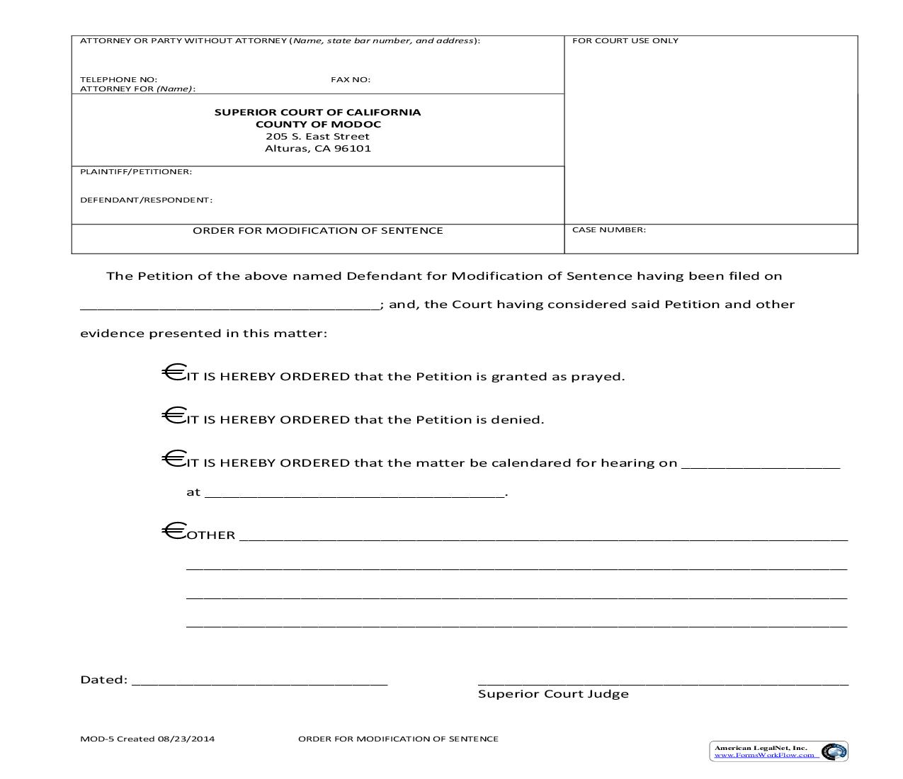 Order For Modification Of Sentence {MOD-5} | Pdf Fpdf Doc Docx | California