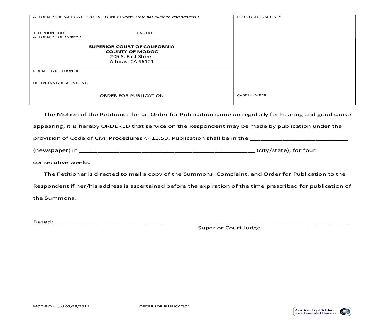 Order For Publication {MOD-8} | Pdf Fpdf Doc Docx | California