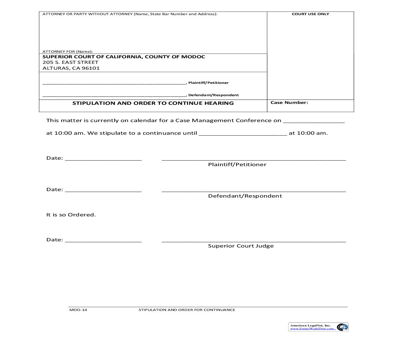 Stipulation And Order For Continuance {MOD-14} | Pdf Fpdf Doc Docx | California