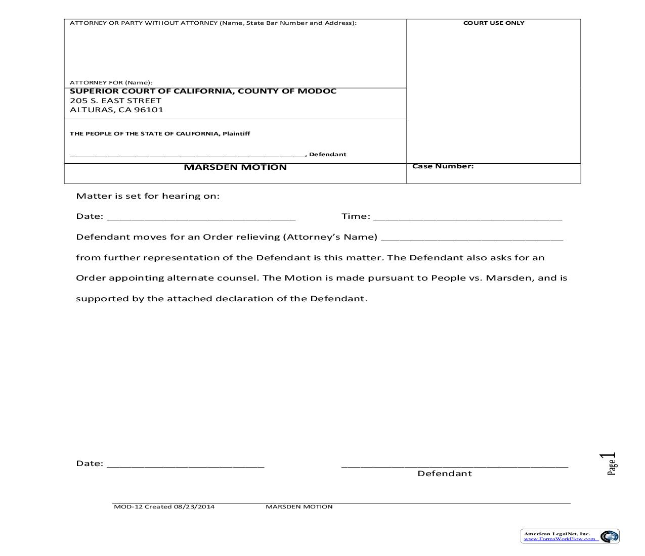 Marsden Motion {MOD-12} | Pdf Fpdf Doc Docx | California