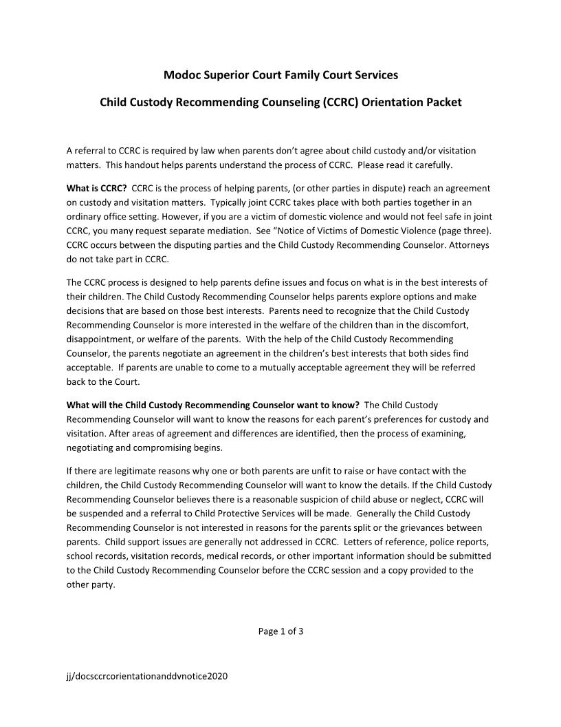 Child Custody Recommending Counseling Intake Form (CCRC Intake Packet) | Pdf Fpdf Doc Docx | California