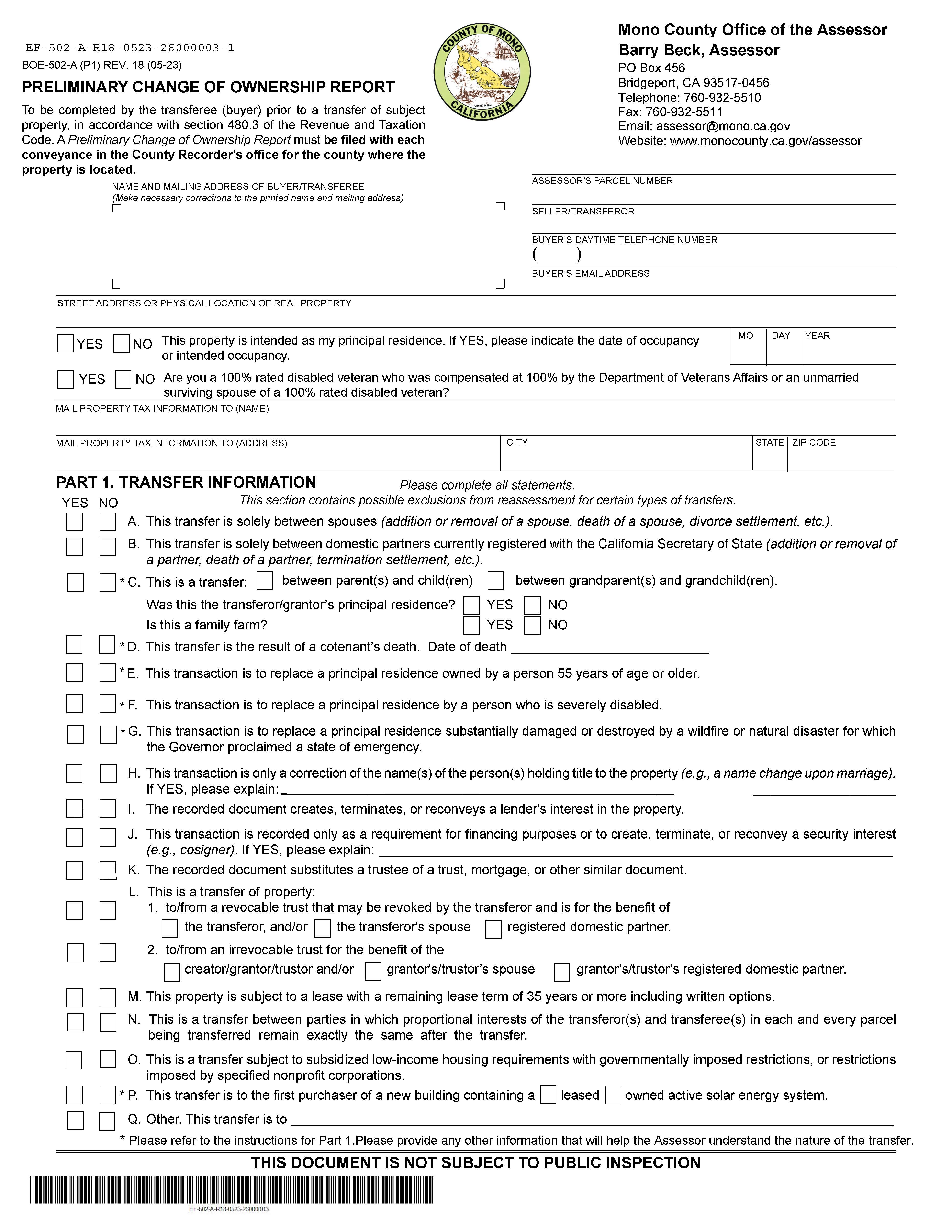 Preliminary Change Of Ownership Report (Mono) {BOE-502-A} | Pdf Fpdf Docx | California