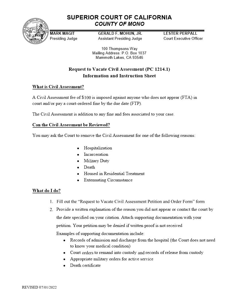 Request To Vacate Civil Assessment (Infactions) | Pdf Fpdf Docx | California