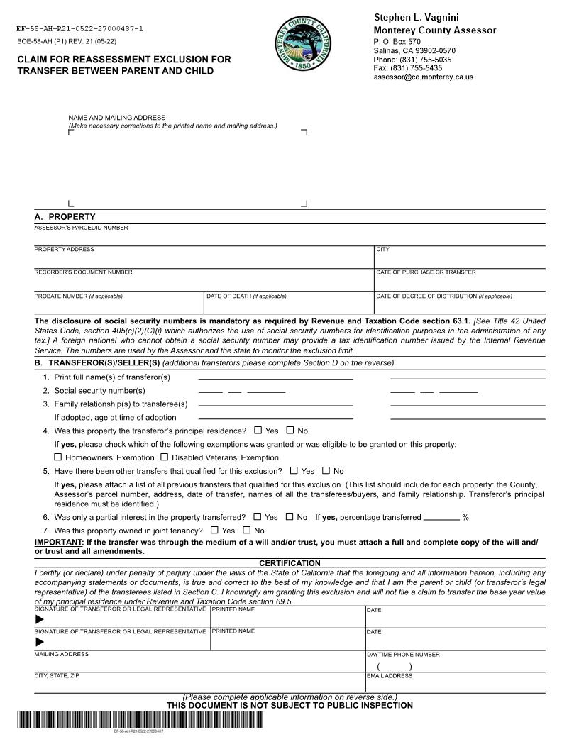 Claim For Reassessment Exclusion For Transfer Between Parent And Child (Before 02-16-21) (Monterey) {BOE-58-AH} | Pdf Fpdf Docx | California