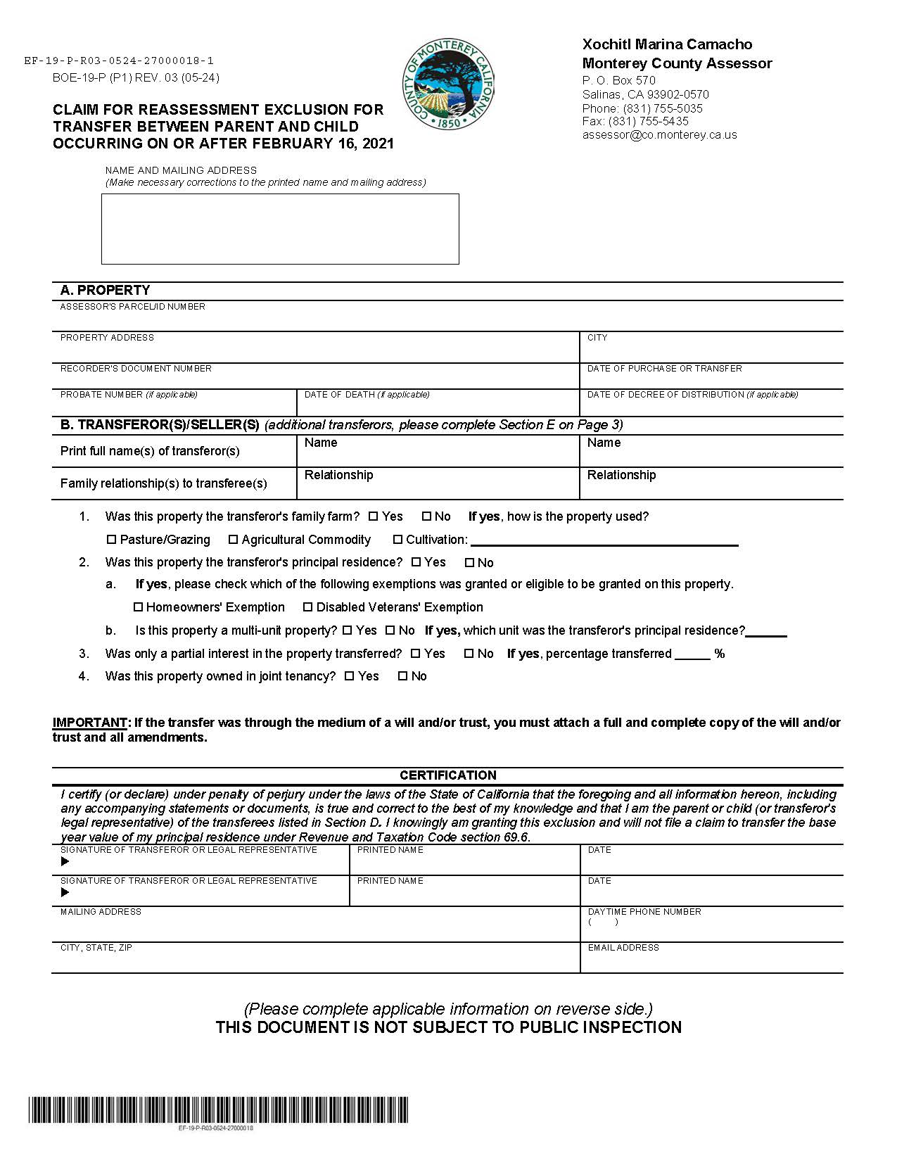 Claim For Reassessment Exclusion For Transfer Between Parent And Child (Monterey) {BOE-19-P} | Pdf Fpdf Docx | California