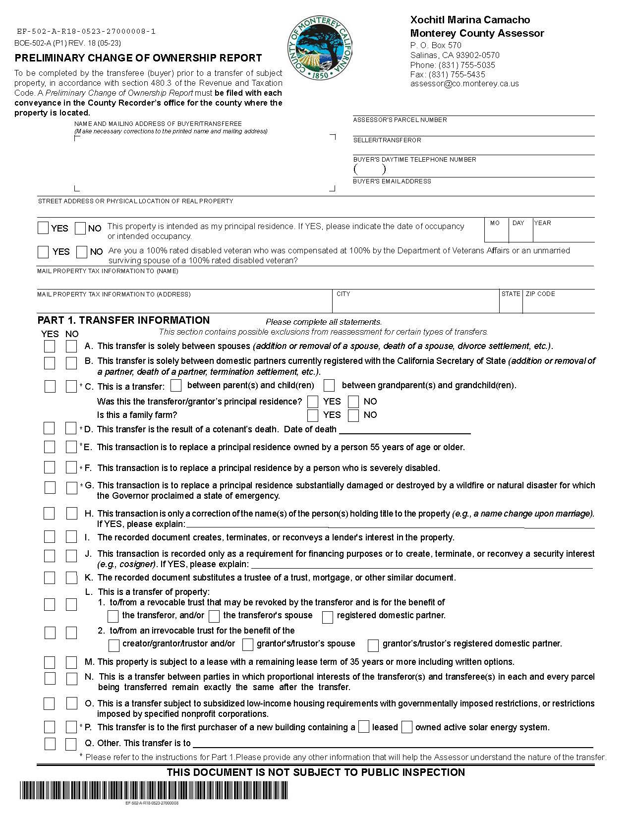 Preliminary Change Of Ownership Report (Monterey) {BOE-502-A} | Pdf Fpdf Docx | California