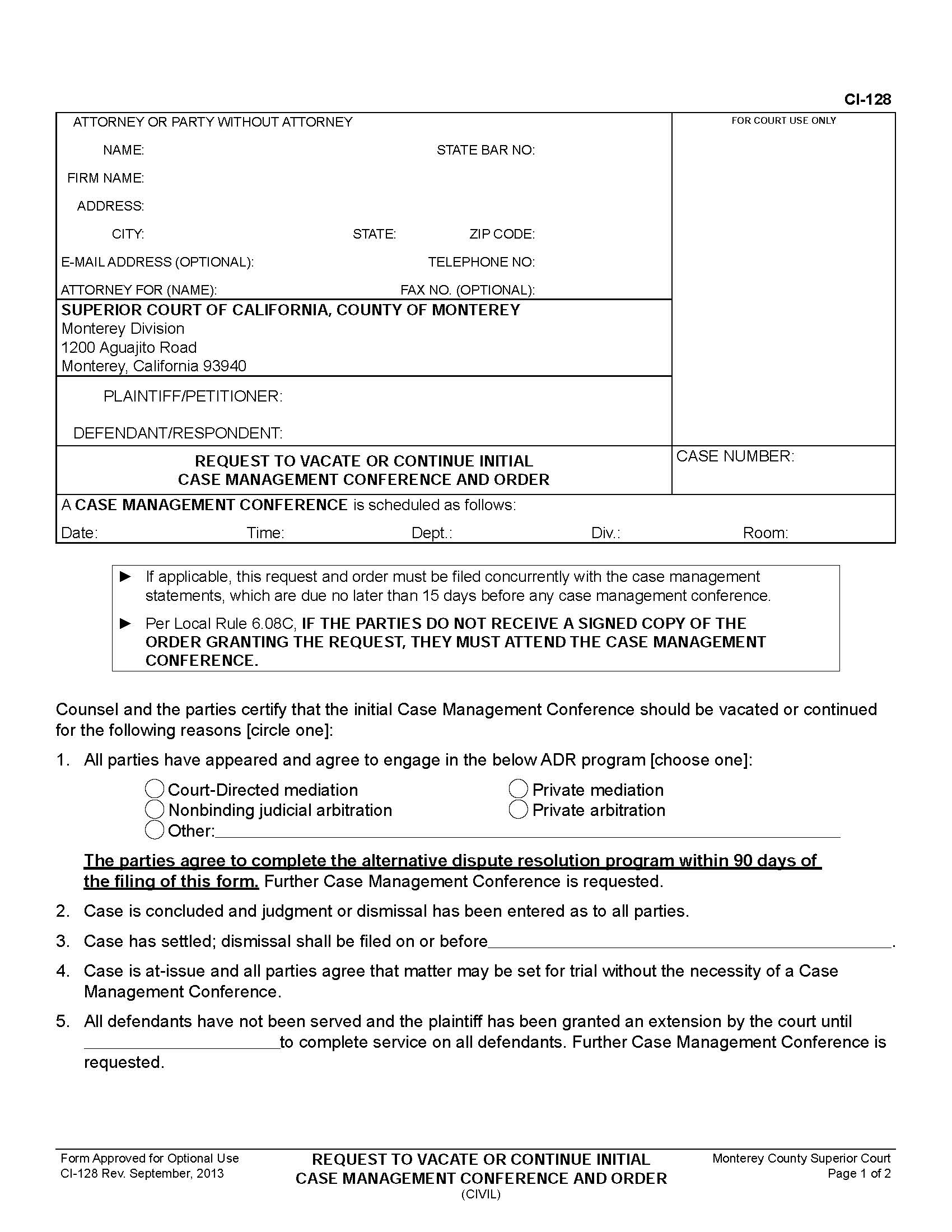 Request To Vacate Or Continue Initial Case Management Conference And Order {CI-128} | Pdf Fpdf Doc Docx | California