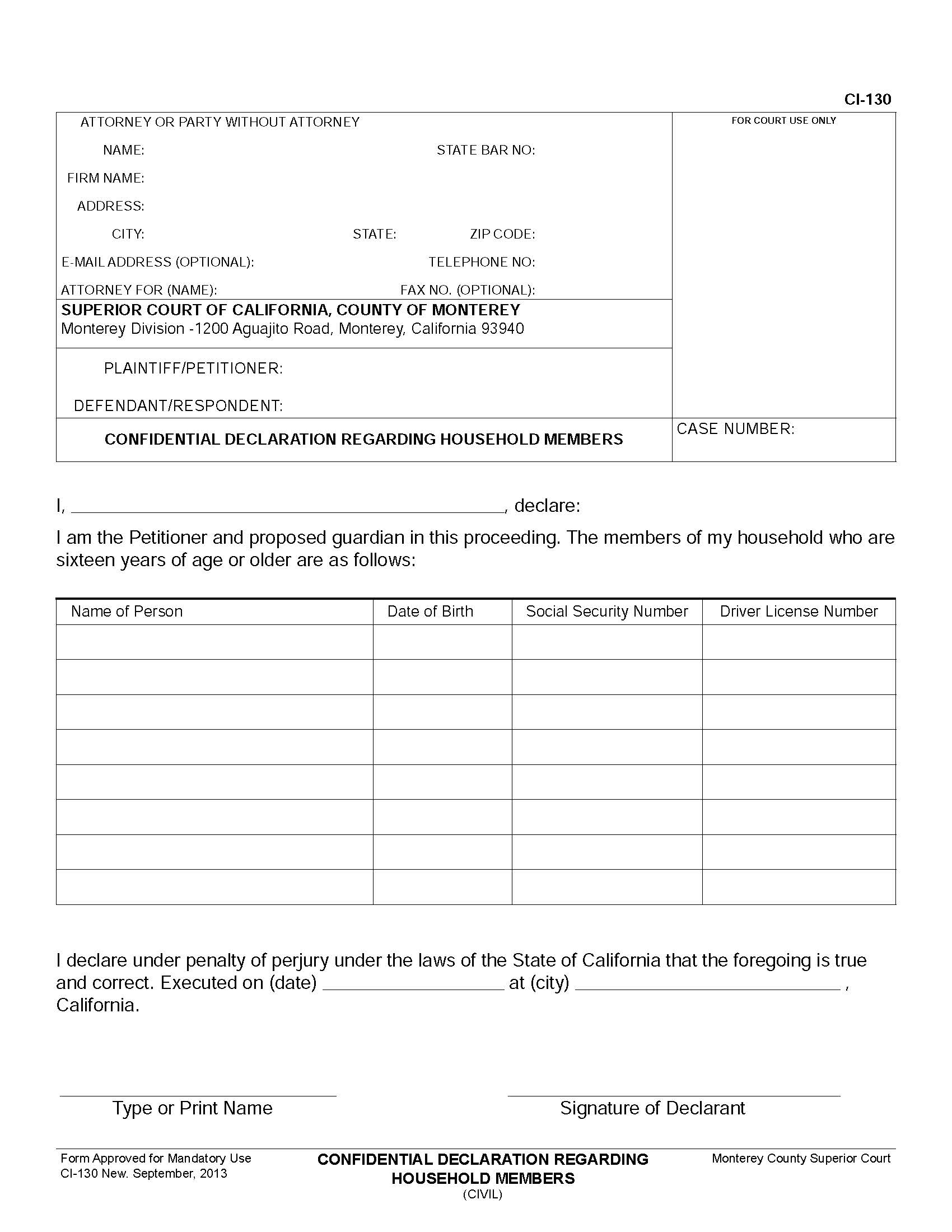 Confidential Declaration Regarding Household Members {CI-130} | Pdf Fpdf Doc Docx | California