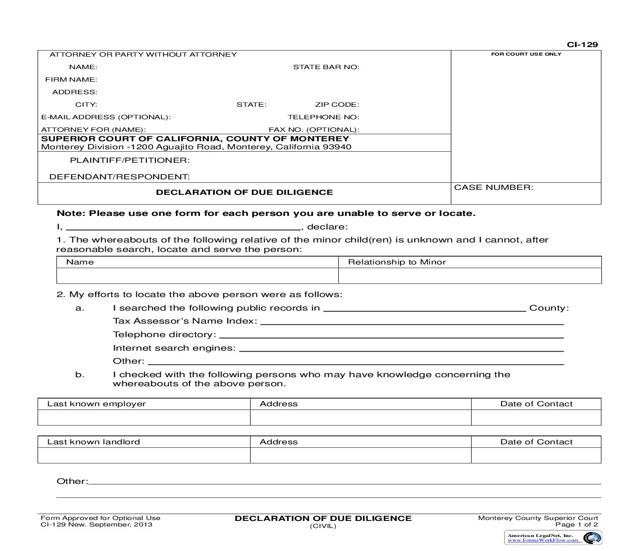 Declaration Of Due Deligence {CI-129} | Pdf Fpdf Doc Docx | California