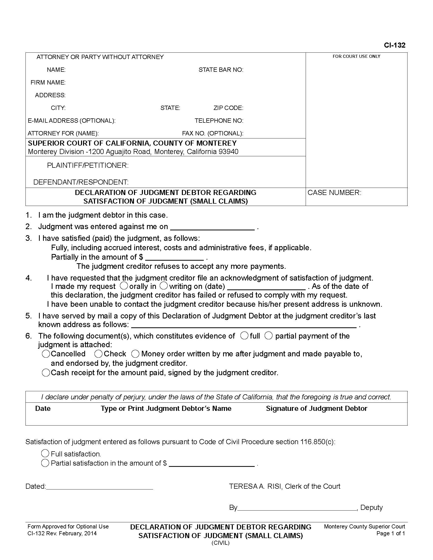 Declaration Of Judgment Debtor Regarding Satisfaction Of Judgment (Small Claims) {CI-132} | Pdf Fpdf Doc Docx | California