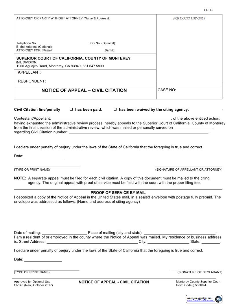 Notice Of Appeal Civil Action {CI-143} | Pdf Fpdf Doc Docx | California