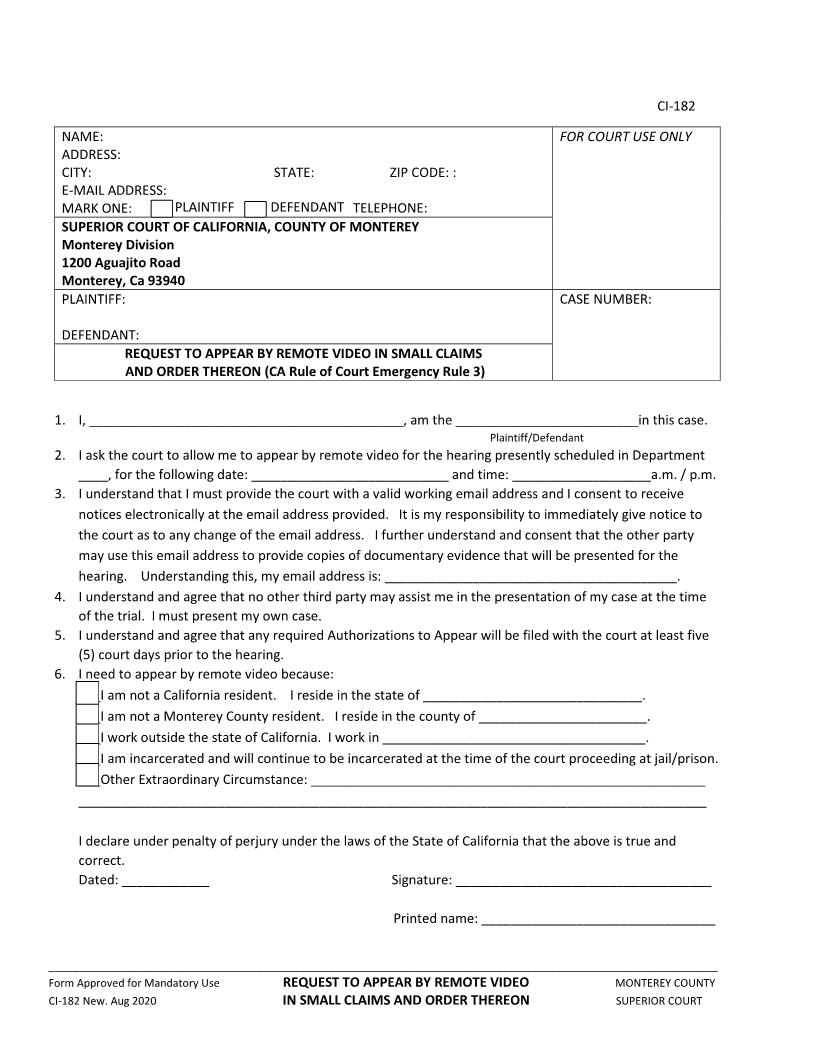 Request And Order To Appear By Remote Video-Small Claims {CI-182} | Pdf Fpdf Docx | California