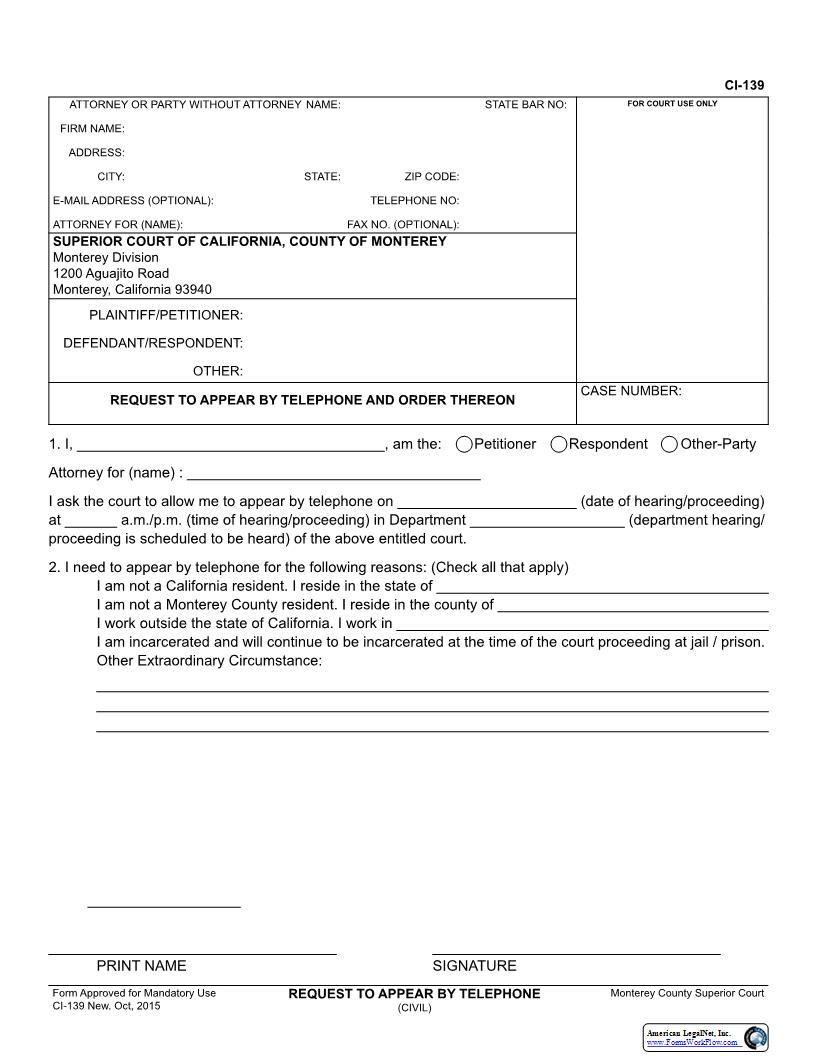 Request To Appear By Telephone {CI-139} | Pdf Fpdf Docx | California