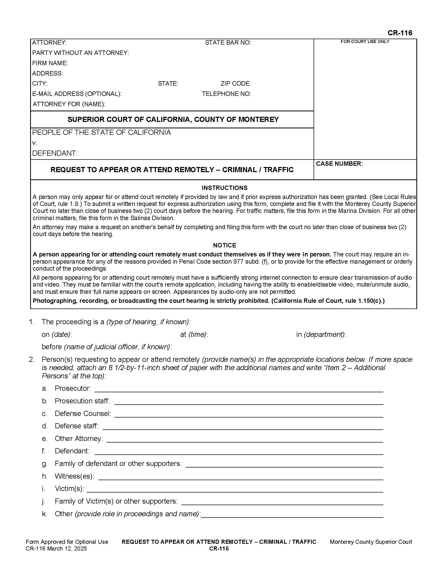 Request To Appear Or Attend Remotely-Criminal-Traffic {CI-116} | Pdf Fpdf Doc Docx | California