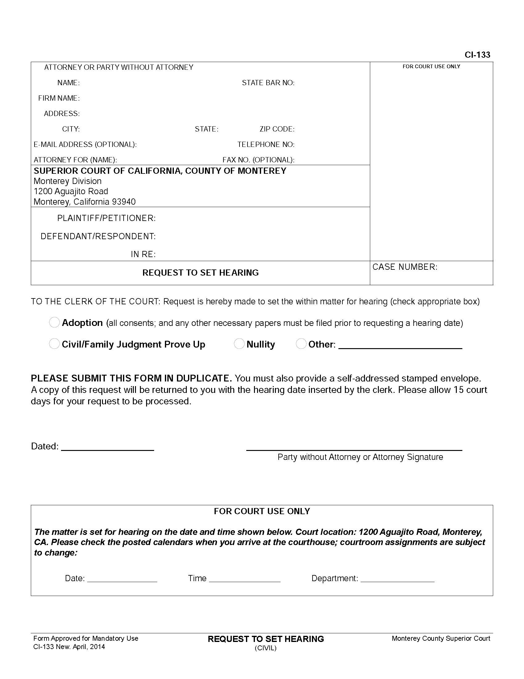Request To Set Hearing {CI-133} | Pdf Fpdf Doc Docx | California