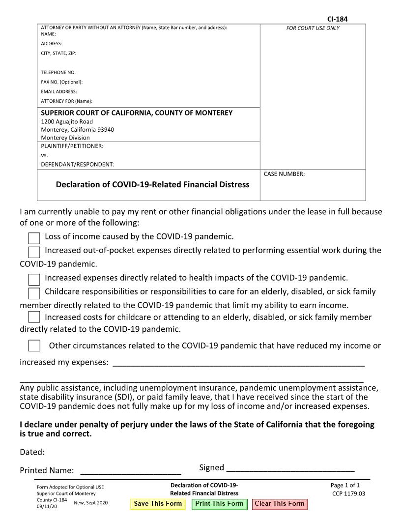 Unlawful Detainer Declaration Of COVID-19-Related Financial Distress {CI-184} | Pdf Fpdf Docx | California