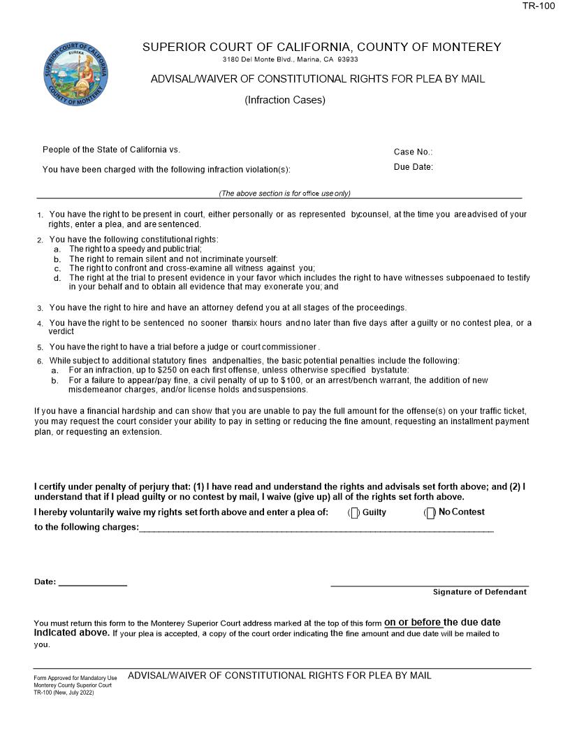 Advisal-Waiver Of Constitutional Rights For Plea By Mail {TR-100} | Pdf Fpdf Docx | California
