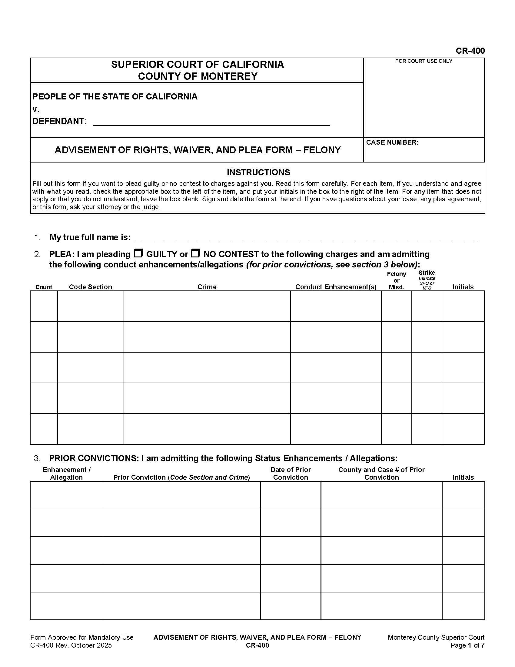 Advisement Of Rights Waiver And Plea Form-Felony {CR-400} | Pdf Fpdf Docx | California