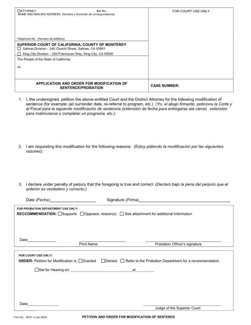 Application For Modification Of Sentence-Probation {MCR-4} | Pdf Fpdf Doc Docx | California