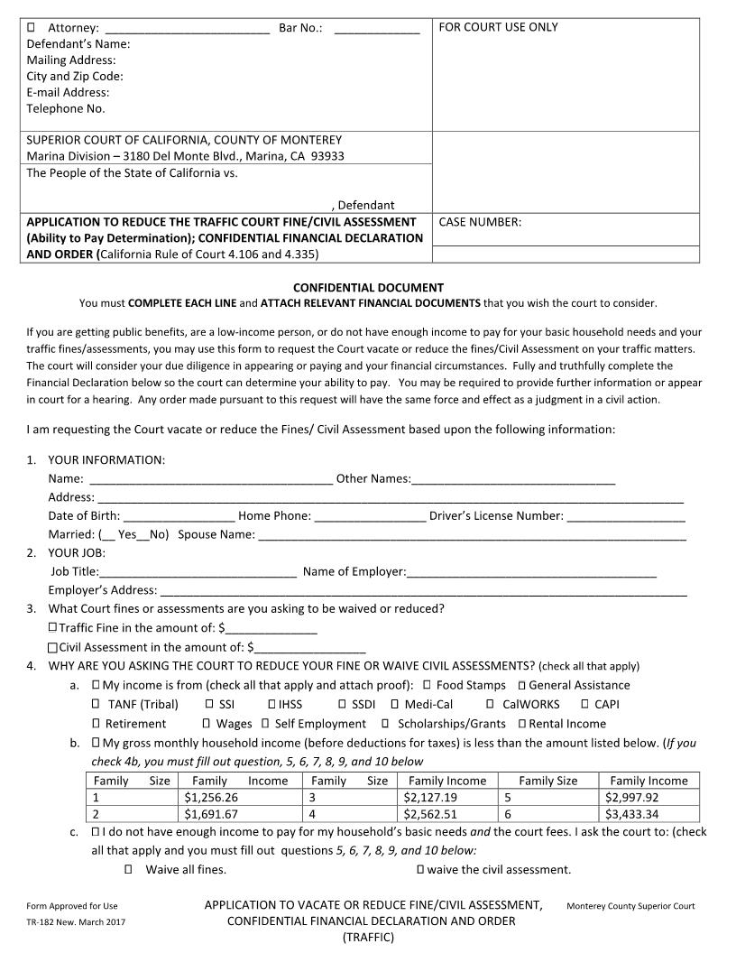 Application To Reduce The Traffic Court Fine-Civil Assessment {TR-182} | Pdf Fpdf Docx | California