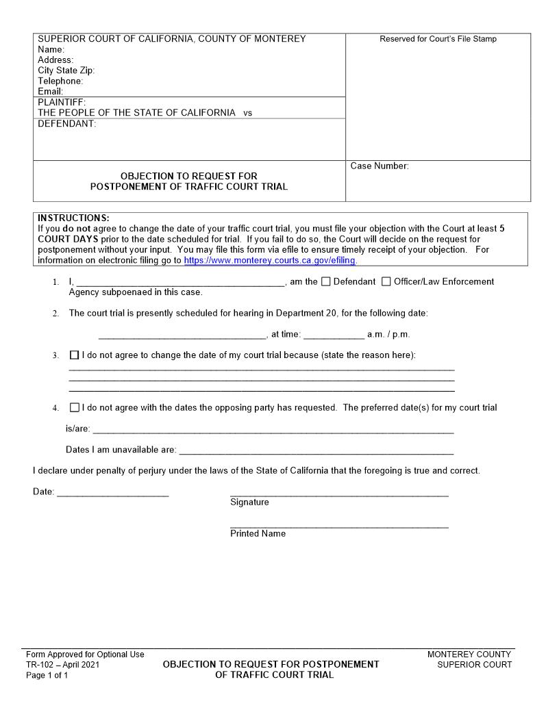 Objection To Request For Postponement Of Court Trial {TR-102} | Pdf Fpdf Docx | California