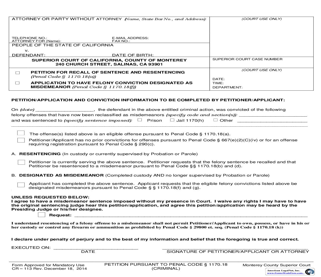 Petition For Recalling Of Sentence And Resentencing {CR-113} | Pdf Fpdf Doc Docx | California