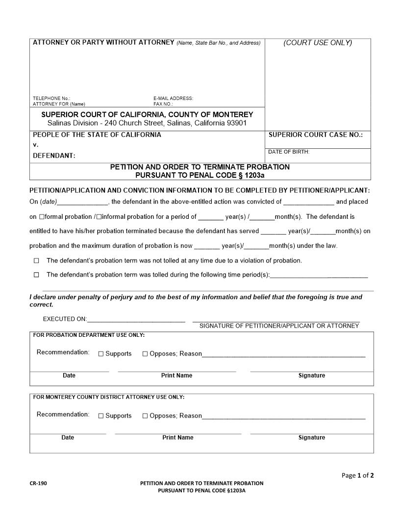Petition To Terminate Probation {CR-190} | Pdf Fpdf Docx | California