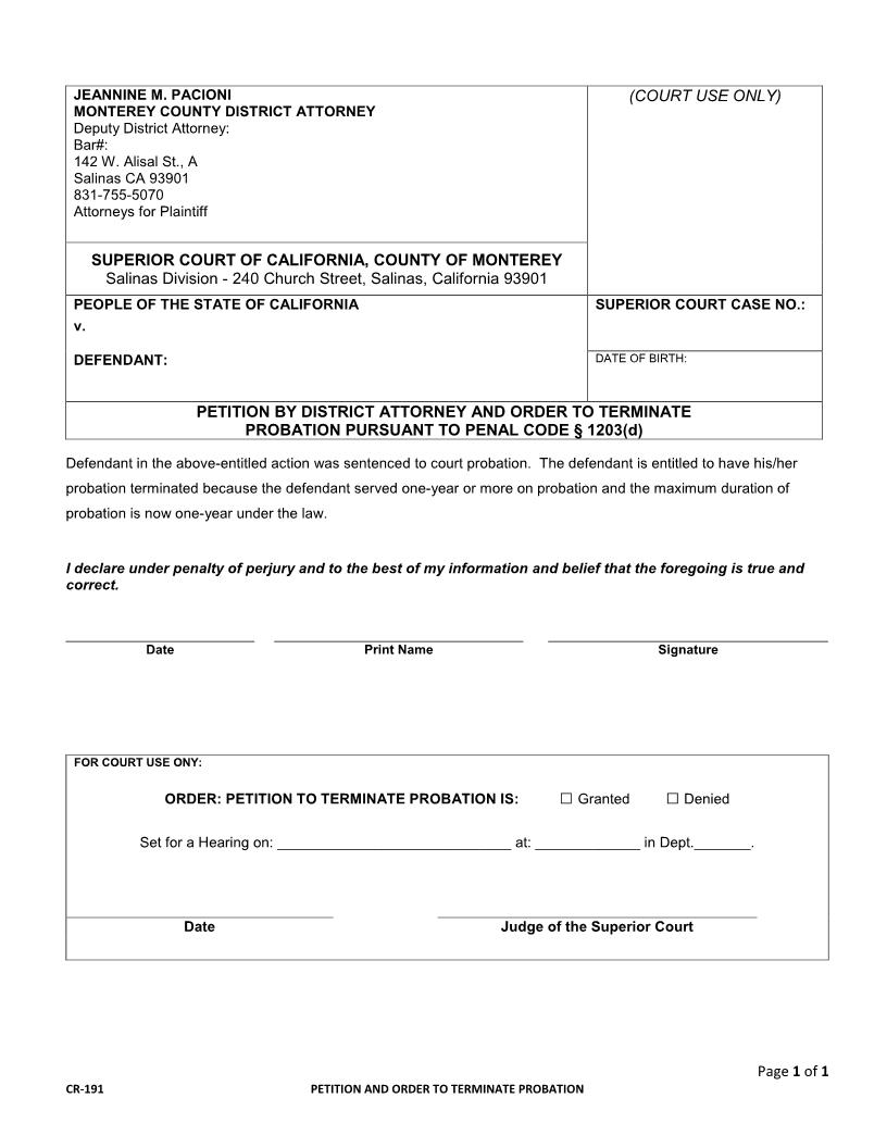 Petition To Terminate Probation-Misdemeanor {CR-191} | Pdf Fpdf Docx | California