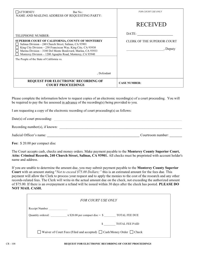 Request For Electronic Recording Of Court Proceeding {CR-108} | Pdf Fpdf Docx | California