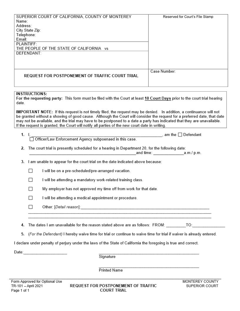 Request For Postponement Of Court Trial {TR-101} | Pdf Fpdf Docx | California
