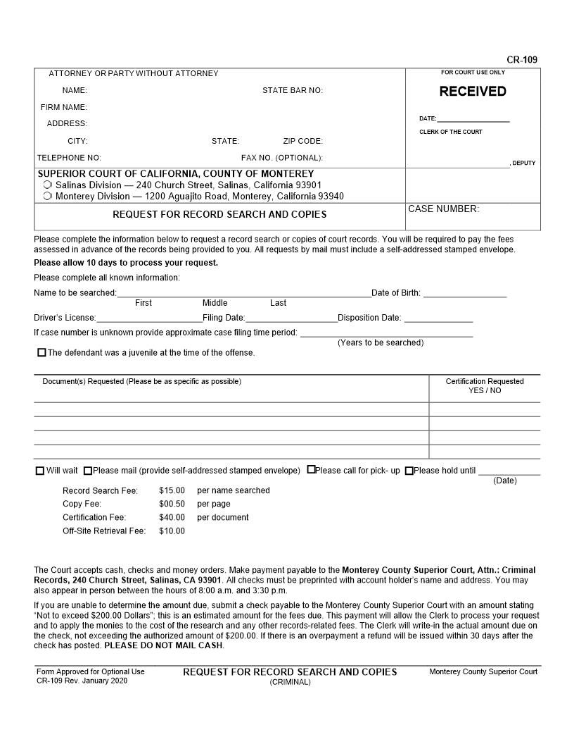 Request For Record Search And Copies {CR-109} | Pdf Fpdf Doc Docx | California