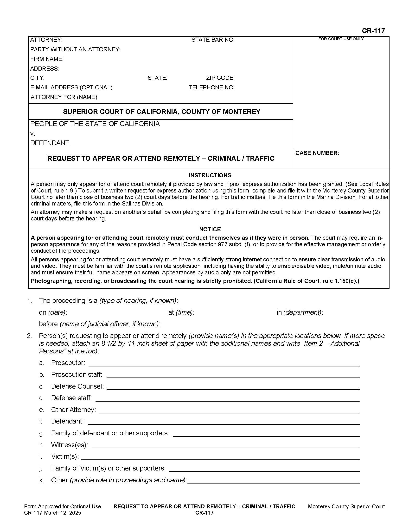 Request To Appear Or Attend Remotely-Criminal-Traffic {CR-117} | Pdf Fpdf Docx | California